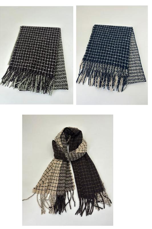 Folded and draped woven check scarves with fringe trim shown in black, navy, and beige colorways