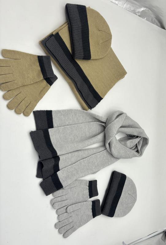 Two knit winter accessory sets with beanie hat, scarf, and gloves in tan and light grey with dark stripe accents
