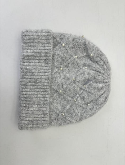 Grey soft knit beanie hat with diamond pattern and scattered pearl bead accents on white background