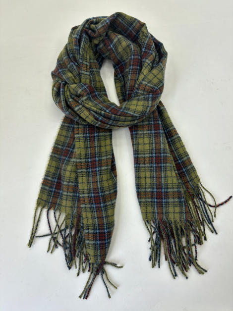 Olive green tartan plaid scarf with red, blue, and brown checks and knotted fringe ends, laid flat on white background