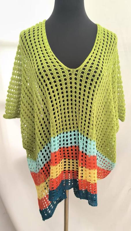 Lime green open-knit crochet mesh top with multicolor stripes in teal, red, orange, and yellow on mannequin