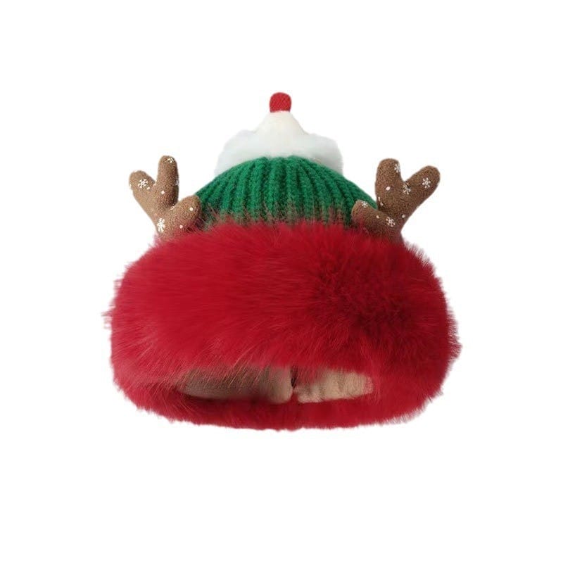Christmas knit beanie hat in green and white with reindeer antlers, red pom-pom top, and fluffy red faux fur brim