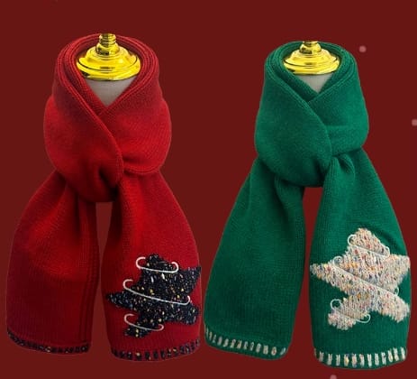 Two festive knitted scarves in red and green displayed on mannequins with Christmas tree embroidery and sequin details