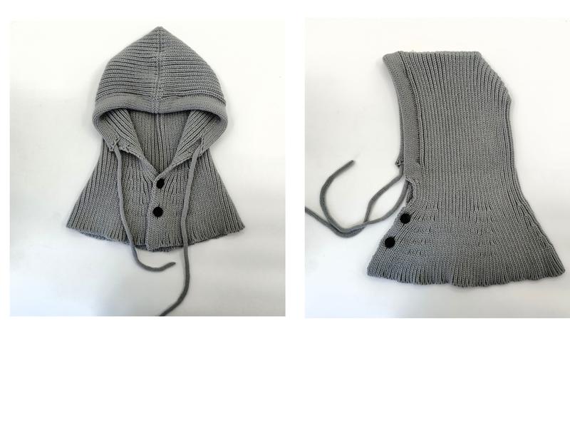 Grey ribbed knit balaclava hood scarf with drawstring ties and black button closure, shown from front and back