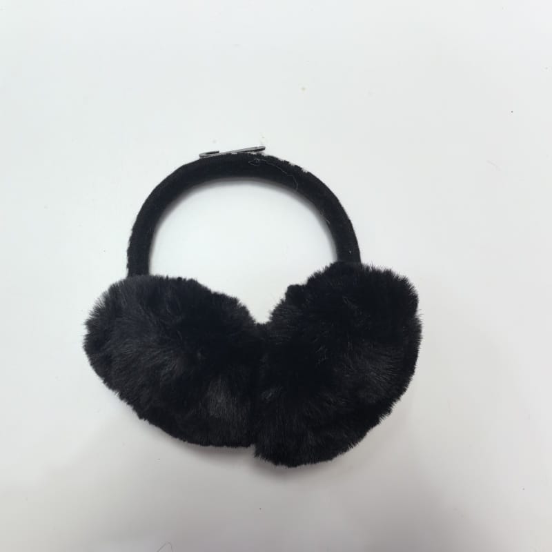 Grey plush faux fur earmuffs with tan suede center pad and stitched headband shown from back angle