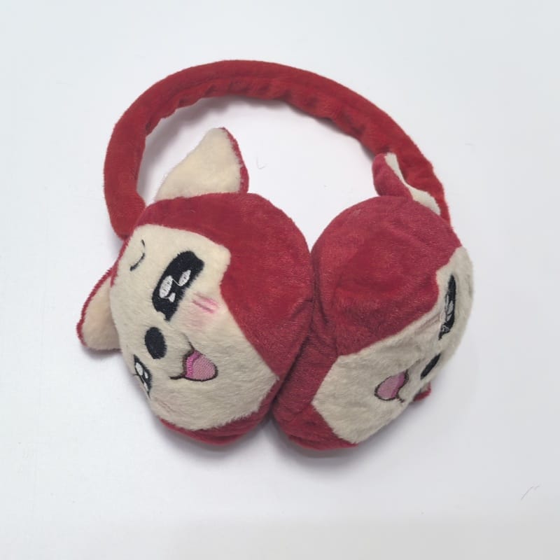 Beige faux fur ear muffs with a twisted knit fabric headband on a white background, side view