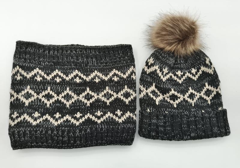 Dark grey and cream Fair Isle knit winter beanie hat with faux fur pom pom and matching infinity scarf set