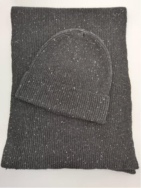 Grey ribbed knit beanie hat and matching scarf set with white fleck speckle detail, laid flat on white background