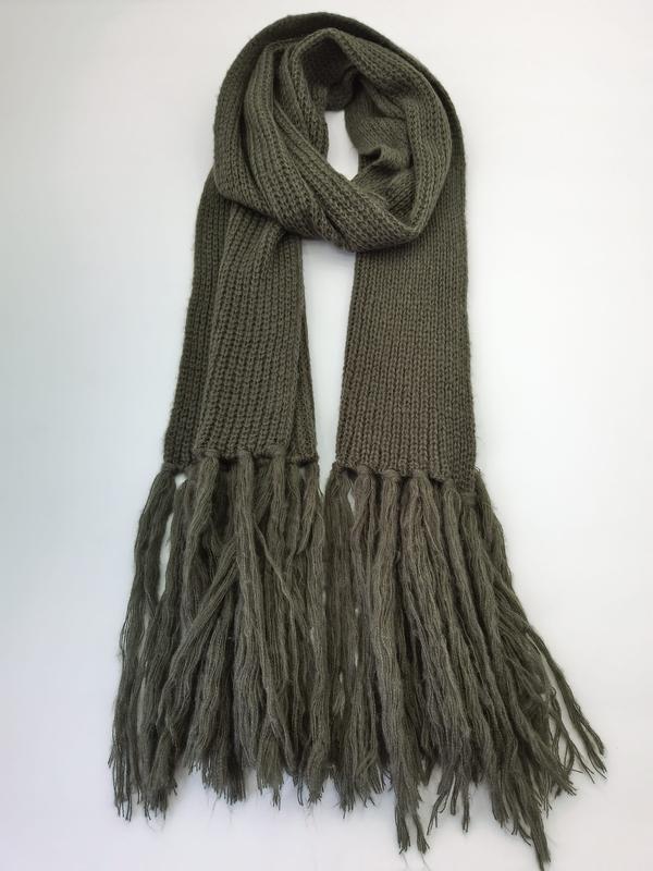 Olive green ribbed knit winter scarf with long twisted fringe tassels at both ends, looped and displayed flat on white background