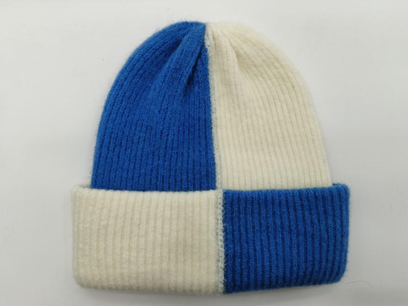 Blue and cream color block ribbed knit beanie hat with folded cuff, soft wool-blend winter hat