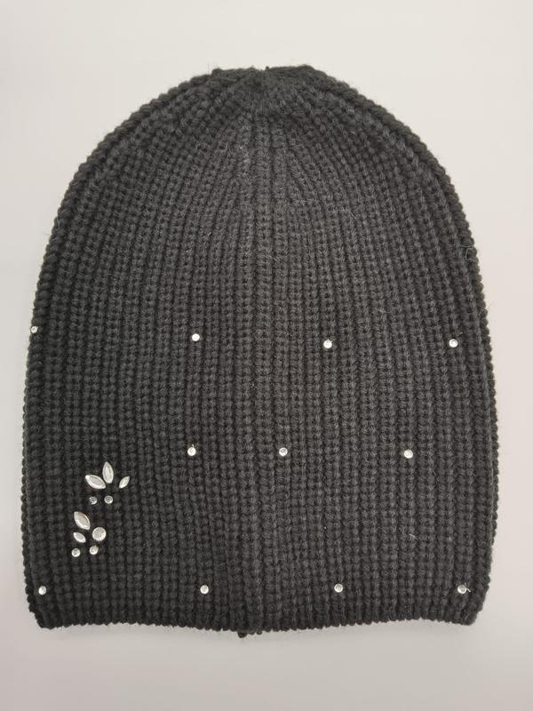 Dark grey chunky ribbed knit slouchy beanie hat decorated with scattered crystal rhinestones and a floral gem cluster