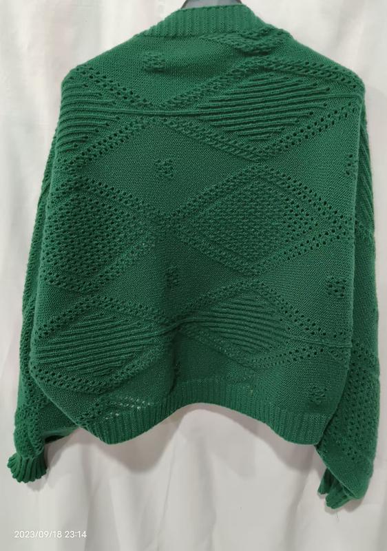 Back view of green chunky knit sweater with diamond openwork pattern and ribbed hem on mannequin, white background