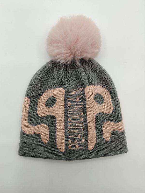 Grey knit winter beanie hat with large pink graphic letters and fluffy pink faux fur pom pom on top