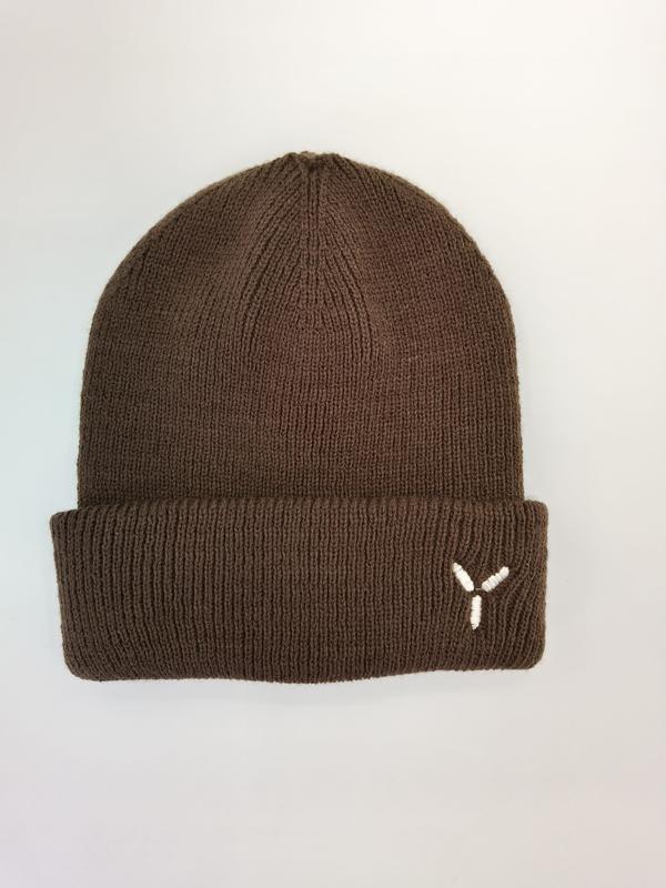 Brown ribbed knit winter beanie hat with folded cuff and small white embroidered logo on light background