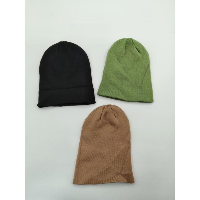 Three plain knit beanie hats laid flat in black, olive green, and tan brown colors on white background