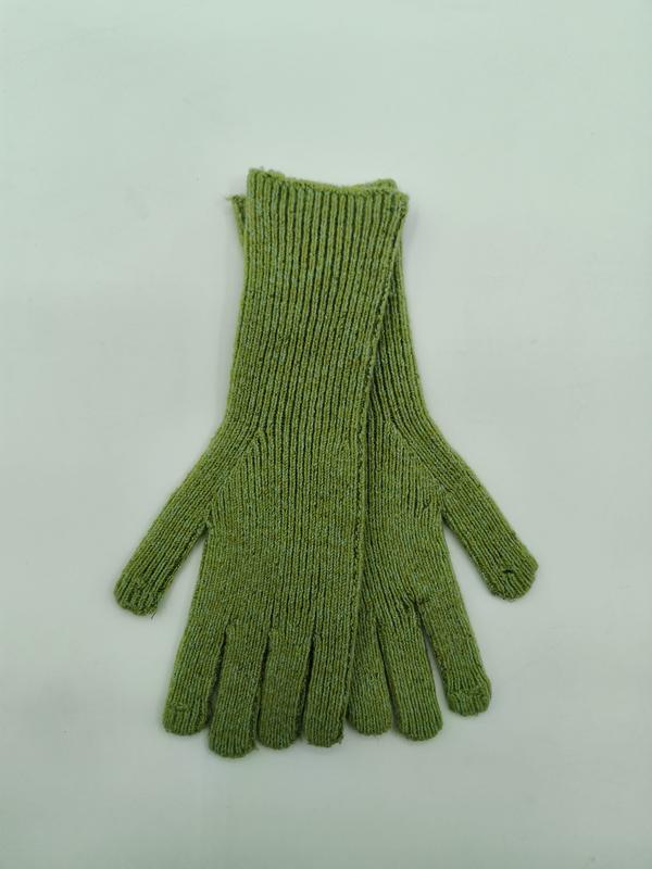 Flat lay of olive green ribbed knit gloves with extended cuff, full five-finger design on white background