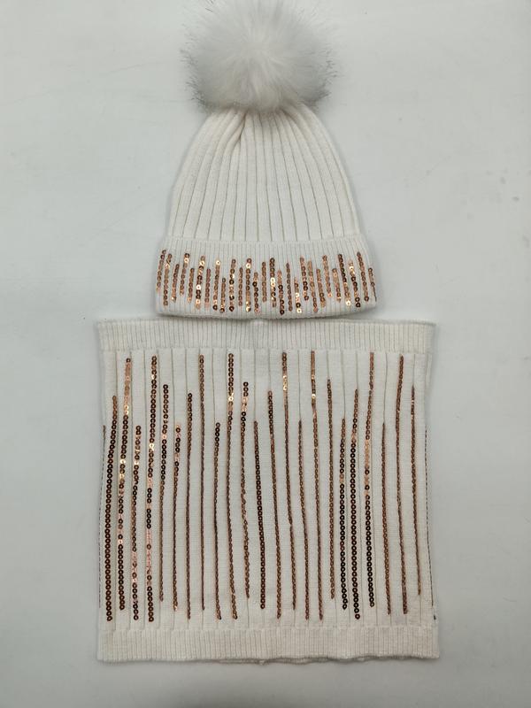 White ribbed knit winter hat with faux fur pom pom and rose gold sequin stripes, paired with matching neck warmer snood