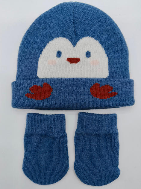 Blue knitted baby beanie hat with penguin face intarsia design and matching mittens set on white background