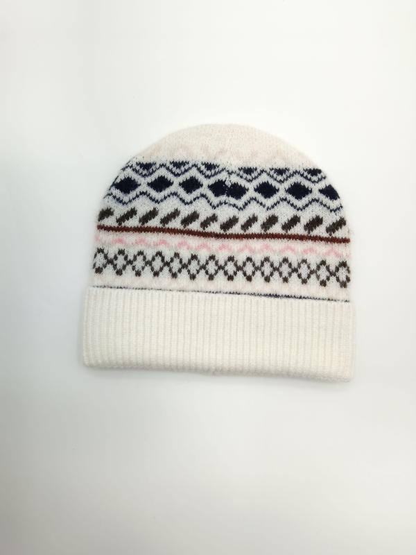 Cream knit beanie hat with Fair Isle pattern in navy, brown, and pink stripes on white background