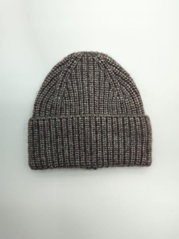 Chunky ribbed knit beanie hat in taupe brown marl wool blend, flat lay on white background with folded cuff