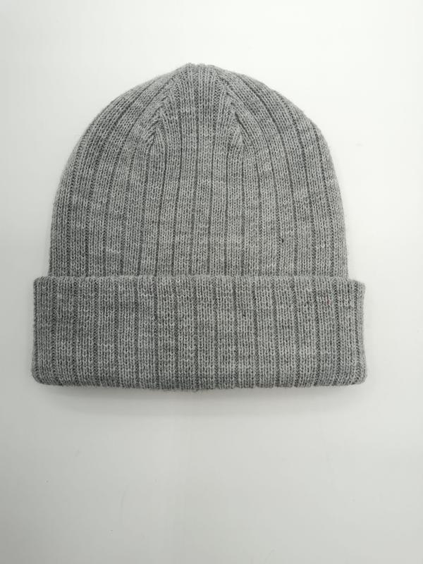 Light grey marl ribbed knit beanie hat with folded cuff, laid flat on white background