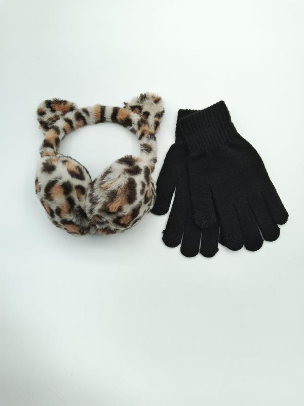 Leopard print faux fur earmuffs with cat ears and black knit touchscreen gloves winter accessories set on white background