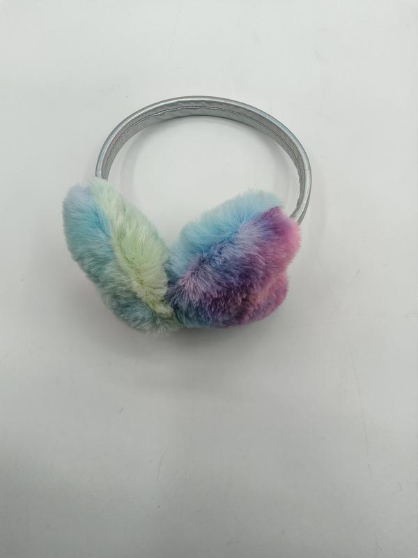 Colorful pastel rainbow tie-dye fluffy faux fur earmuffs with silver metallic headband on white background